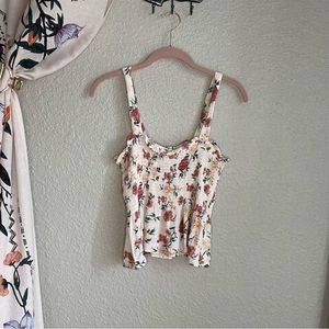 American Eagle Cream with Pink Florals Flowy Tank Top Size S